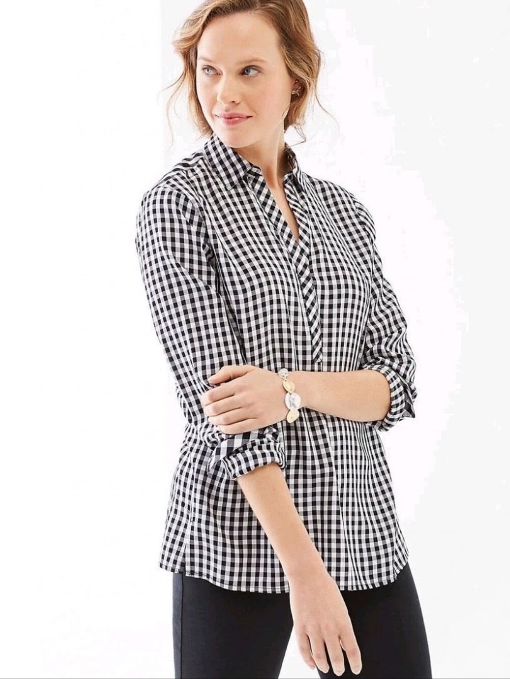 J. Jill Black and White Gingham Shirt Sz M Petite